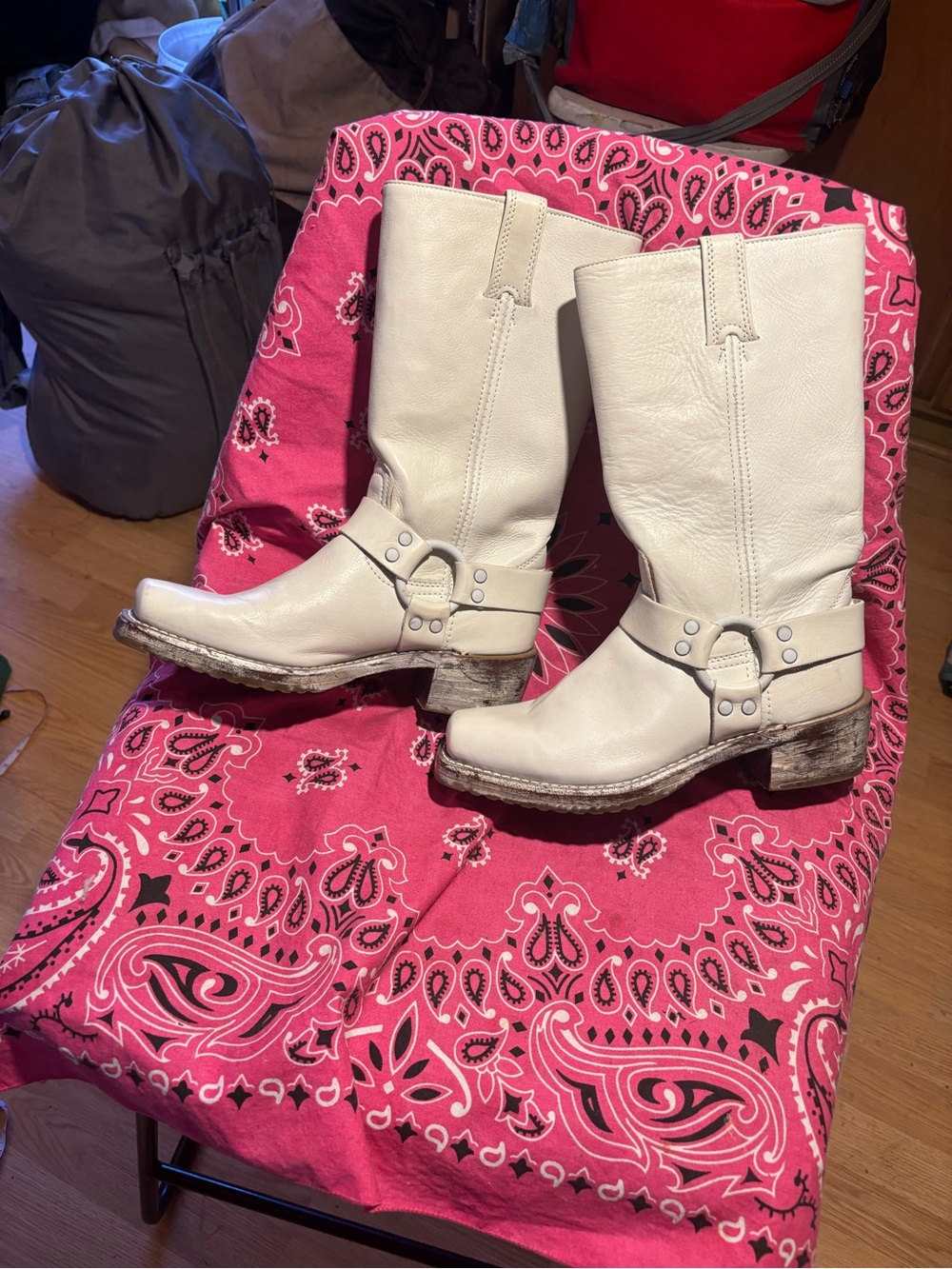FryeWhite Leather Harness  Boots Women 7.5